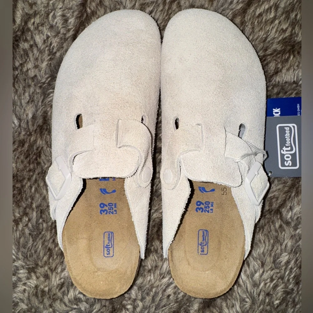 Birkenstock Boston Mules Antique White Suede Leather Slides - Picture 5 of 8